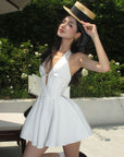 ROVENTE Deep V Halter Mini Dress with Flared Skirt - PINKPARKS
