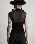 DOINDULGE Gothic Mesh Paneled Sleeveless Top with Red Orb Detail