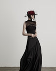 DOINDULGE Gothic Mesh Paneled Sleeveless Top with Red Orb Detail