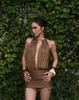 ROVENTE Draped Beaded Hem Mini Dress - PINKPARKS