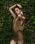 ROVENTE Draped Beaded Hem Mini Dress - PINKPARKS