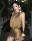 ROVENTE Draped Beaded Hem Mini Dress - PINKPARKS