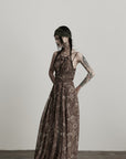DOINDULGE Feather-Printed Halter Dress with Beaded Straps and Draped Silhouette