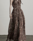 DOINDULGE Feather-Printed Halter Dress with Beaded Straps and Draped Silhouette