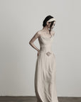 DOINDULGE Draped Maxi Dress with Corset Waist and Rosette Detail