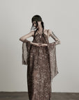 DOINDULGE Feather-Printed Halter Dress with Beaded Straps and Draped Silhouette