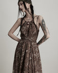 DOINDULGE Feather-Printed Halter Dress with Beaded Straps and Draped Silhouette