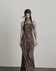 DOINDULGE Feather-Printed Halter Dress with Beaded Straps and Draped Silhouette