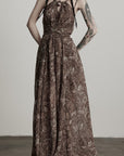 DOINDULGE Feather-Printed Halter Dress with Beaded Straps and Draped Silhouette