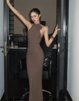 ROVENTE Cutout Halter Gown with Rosette Detail - PINKPARKS