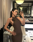 ROVENTE Cutout Halter Gown with Rosette Detail - PINKPARKS