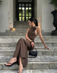 ROVENTE Cutout Halter Gown with Rosette Detail - PINKPARKS