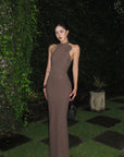 ROVENTE Cutout Halter Gown with Rosette Detail - PINKPARKS