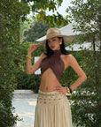 ROVENTE Cross-Drape Halter Top with High Neck Twist Detail - PINKPARKS