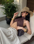 ROVENTE Cross-Drape Halter Top with High Neck Twist Detail - PINKPARKS