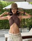 ROVENTE Cross-Drape Halter Top with High Neck Twist Detail - PINKPARKS