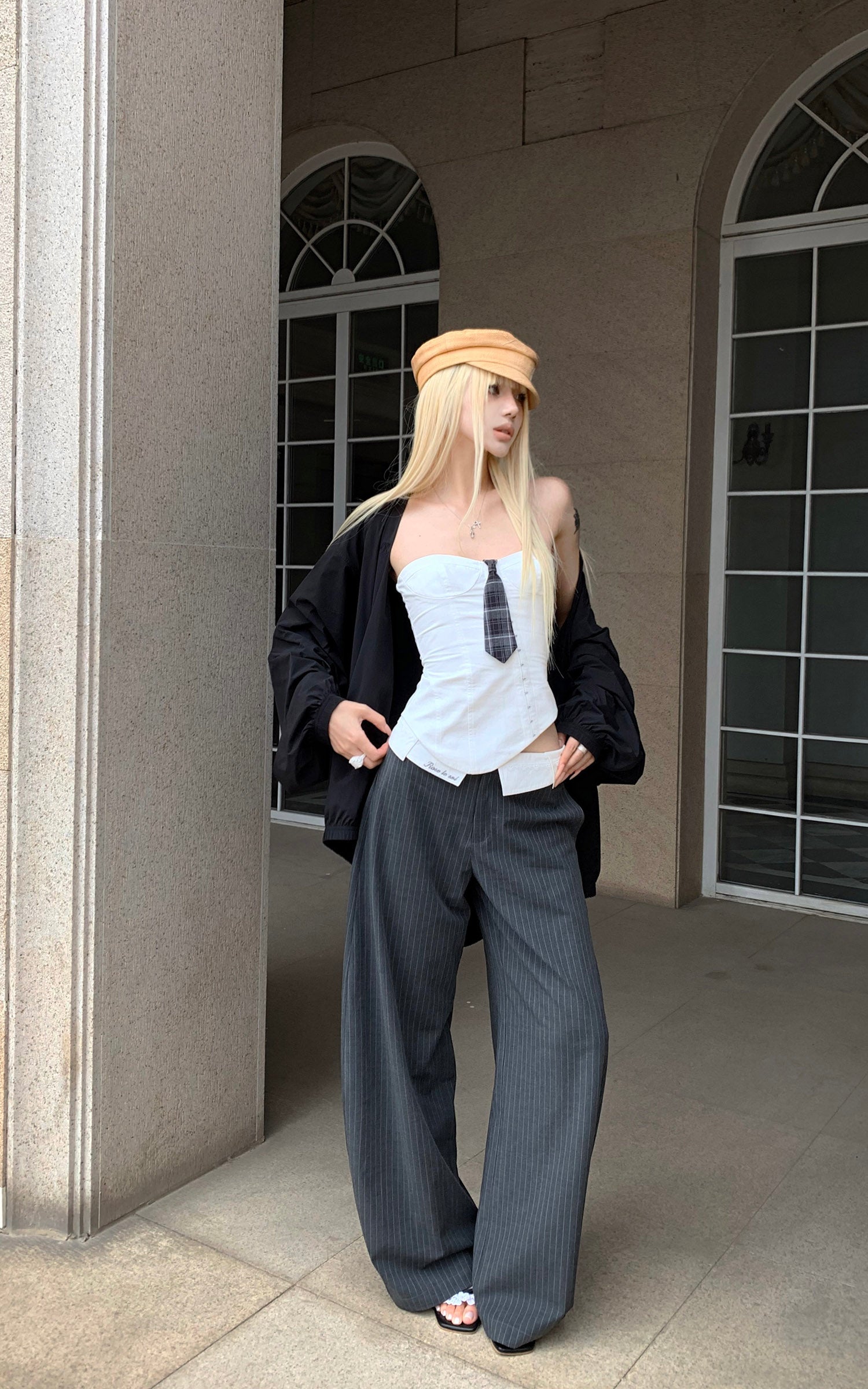 Rase le sol Asymmetric Buttoned Strapless Top with Plaid Tie Accent - PINKPARKS
