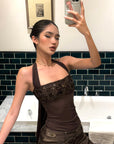ROVENTE Sequin Halter Knit Corset Top with Tie Back in Mocha Brown - PINKPARKS