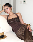 ROVENTE Sequin Halter Knit Corset Top with Tie Back in Mocha Brown - PINKPARKS