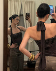 ROVENTE Sequin Halter Knit Corset Top with Tie Back in Mocha Brown - PINKPARKS