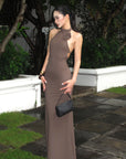 ROVENTE Cutout Halter Gown with Rosette Detail - PINKPARKS