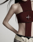 DOINDULGE Asymmetric Cutout Bodysuit with Ceramic Cross Embellishment