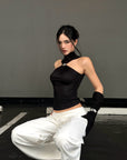 ROVENTE Black Halterneck Top with Metal Clasp - PINKPARKS