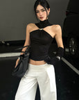 ROVENTE Black Halterneck Top with Metal Clasp - PINKPARKS