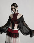 DOINDULGE Draped Mesh Hooded Cardigan with Tassel Accents and Voluminous Sleeves
