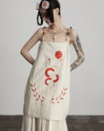 DOINDULGE Embroidered Snake and Flower Layered Linen Dress