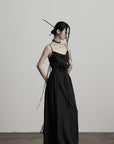 DOINDULGE Draped Maxi Dress with Corset Waist and Rosette Detail