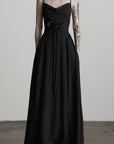 DOINDULGE Draped Maxi Dress with Corset Waist and Rosette Detail
