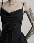 DOINDULGE Draped Maxi Dress with Corset Waist and Rosette Detail