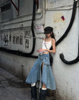 WARDEN EDGE Asymmetric Pocket Flare Denim Skirt with Deconstructed Belt Detail - PINKPARKS