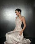 ROVENTE Embroidered Lace Halter Dress With Gathered Hem - PINKPARKS