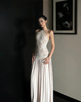 ROVENTE Embroidered Lace Halter Dress With Gathered Hem - PINKPARKS
