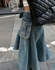 WARDEN EDGE Asymmetric Pocket Flare Denim Skirt with Deconstructed Belt Detail - PINKPARKS