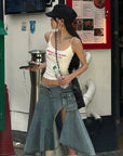 WARDEN EDGE Asymmetric Pocket Flare Denim Skirt with Deconstructed Belt Detail - PINKPARKS