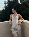 ROVENTE Embellished Halter Knit-Panel Top with Sheer Mesh Contrast - PINKPARKS