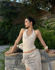 ROVENTE Embellished Halter Knit-Panel Top with Sheer Mesh Contrast - PINKPARKS