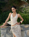 ROVENTE Crochet Maxi Skirt with Rosette Detail and Side Slit - PINKPARKS