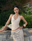 ROVENTE Embellished Halter Knit-Panel Top with Sheer Mesh Contrast - PINKPARKS