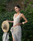 ROVENTE Embellished Halter Knit-Panel Top with Sheer Mesh Contrast - PINKPARKS