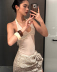 ROVENTE Embellished Halter Knit-Panel Top with Sheer Mesh Contrast - PINKPARKS