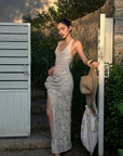 ROVENTE Crochet Maxi Skirt with Rosette Detail and Side Slit - PINKPARKS