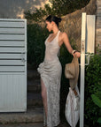 ROVENTE Crochet Maxi Skirt with Rosette Detail and Side Slit - PINKPARKS