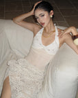 ROVENTE Embellished Halter Knit-Panel Top with Sheer Mesh Contrast - PINKPARKS
