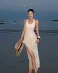 ROVENTE Crochet Maxi Skirt with Rosette Detail and Side Slit - PINKPARKS