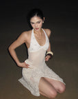 ROVENTE Embellished Halter Knit-Panel Top with Sheer Mesh Contrast - PINKPARKS