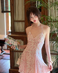 DreamyNerd Vintage Floral Halter Mini Dress with Chiffon Inserts and Flared Skirt - PINKPARKS